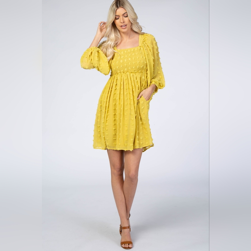 NWT ✨️ Yellow Textured Dot Square Neck Chiffon Dress